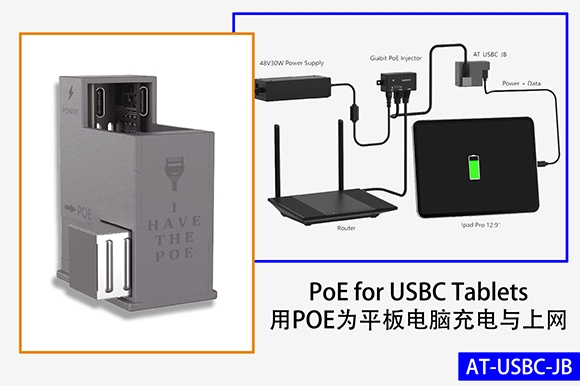 AT-USBC-JB 以太网连接器用一根网线同时提供电源和数据， 兼容苹果Pro、Air、Mini平板电脑等设备